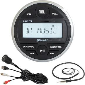 JBL PRV-175 Gauge Style Marine Boat Cycle Digital Media Bluetooth Receiver Bundle Combo with Enrock USB 3.5MM AUX to RCA Interface Mount Cable + Enrock 22" Wired Radio Antenna