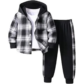 Toddler Boy Clothes Plaid Hooded Shirt - 2 Piece Outfit: Button Front Toddler Hoodie & Sweatpants Set (3~7 years)