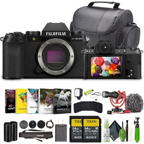 Fujifilm X-S20 Professional Compact Digital Mirrorless Camera Body - Black - Bundle 2X 64GB Memory Card + Lens Cleaning Kit + Vlogging Tripod+ Video LED Light + Rode on Camara Microphone + More