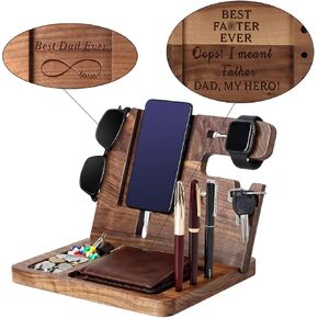 awofer Wooden Phone Docking Station for Men - Engraved Nightstand Organizer, Phone Holder, Key, Wallet, Watch Stand, Christmas, Anniversary, Birthday Gifts for Boyfriend, Husband(Walnut)