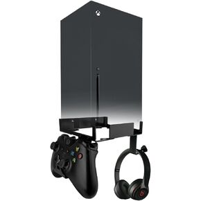 Metal Vertical Wall Mount Compatible with Xbox Series X, Securing Wall Bracket with Detachable Controller & Headphone Holder Kit (Black)