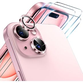 for iPhone 15 Camera Lens Protector Bling and 3 Pack Screen Protector, Tempered Glass Camera Cover, Anti-Scratch Anti-Drop Protection Glitter Camera Metal Ring,Colorful