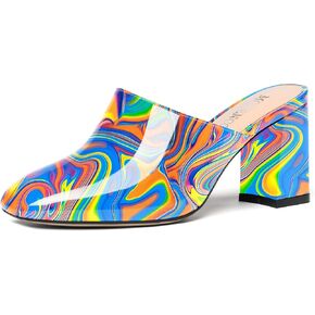MODENCOCO Womens Fashion Slip On Casual Patent Dating Square Toe Block High Heel High Heeled Mules Shoes 3 Inch