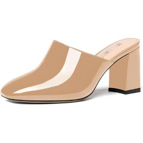 MODENCOCO Womens Fashion Slip On Casual Patent Dating Square Toe Block High Heel High Heeled Mules Shoes 3 Inch