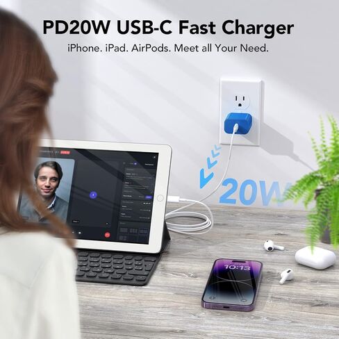 شاحن سريع لهاتف iPhone [معتمد من Apple MFi] شاحن جدار iPhone عالي السرعة عبوتين مع كابل USB C Lightning بطول 6.6FT - أزرق سماوي in Saudi Arabia