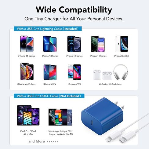 شاحن سريع لهاتف iPhone [معتمد من Apple MFi] شاحن جدار iPhone عالي السرعة عبوتين مع كابل USB C Lightning بطول 6.6FT - أزرق سماوي in Saudi Arabia