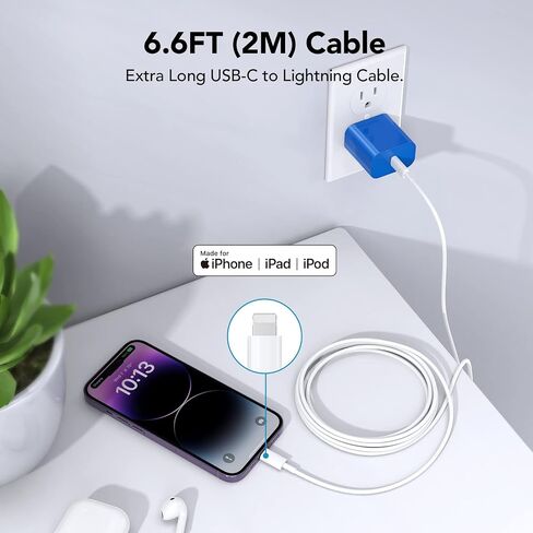 شاحن سريع لهاتف iPhone [معتمد من Apple MFi] شاحن جدار iPhone عالي السرعة عبوتين مع كابل USB C Lightning بطول 6.6FT - أزرق سماوي in Saudi Arabia