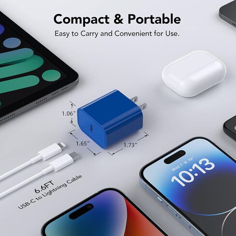 شاحن سريع لهاتف iPhone [معتمد من Apple MFi] شاحن جدار iPhone عالي السرعة عبوتين مع كابل USB C Lightning بطول 6.6FT - أزرق سماوي in Saudi Arabia