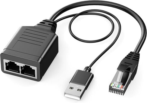 Ethernet Splitter 1 to 2, RJ45 Network Splitter Adapter (2 Devices Simultaneous Networking) with USB Power Cable, 1 Male to 2 Female RJ45 Extender Converter for Cat 5/5e/6/7/8 Cable in Kuwait