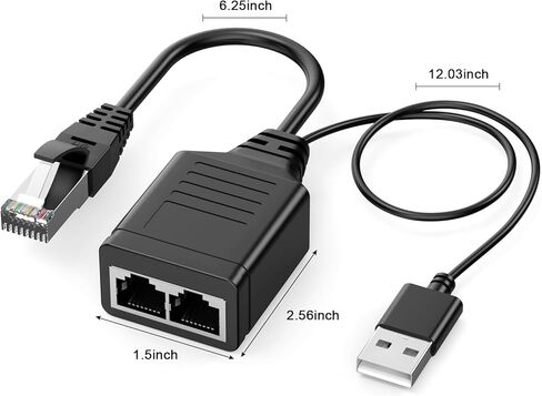 Ethernet Splitter 1 to 2, RJ45 Network Splitter Adapter (2 Devices Simultaneous Networking) with USB Power Cable, 1 Male to 2 Female RJ45 Extender Converter for Cat 5/5e/6/7/8 Cable in Kuwait