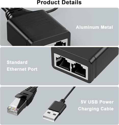 Ethernet Splitter 1 to 2, RJ45 Network Splitter Adapter (2 Devices Simultaneous Networking) with USB Power Cable, 1 Male to 2 Female RJ45 Extender Converter for Cat 5/5e/6/7/8 Cable in Kuwait