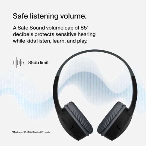Belkin SoundForm Mini Kids Wireless Headphones w/Built-in Microphone, 30H of Playback Time, & Fun Stickers - Over-Ear Headsets for Online Learning, School, Travel, iPhone, iPad, Galaxy & More - Black in Kuwait