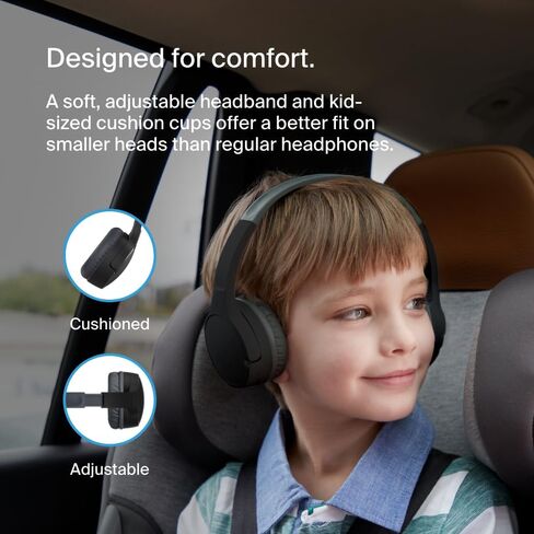 Belkin SoundForm Mini Kids Wireless Headphones w/Built-in Microphone, 30H of Playback Time, & Fun Stickers - Over-Ear Headsets for Online Learning, School, Travel, iPhone, iPad, Galaxy & More - Black in Kuwait