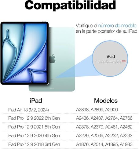 Funda Teclado for iPad Air 13" (M2) 2024، Teclado iPad Pro 12,9" (6.ª/5.ª/ 4.ª/3.ª Gen) لوحة التتبع Magic Type Keyboard Retroiluminado Bluetooth Teclado QWERTY Español Ñ، بلانكو in Kuwait