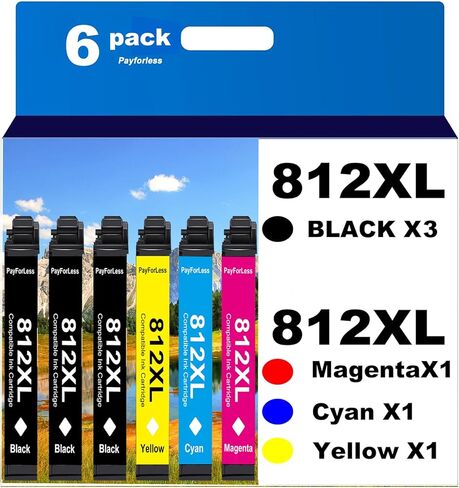 812XL معاد تصنيعها لخراطيش الحبر Epson 812XL حزمة التحرير والسرد لإبسون 812 T812 XL لطابعة Epson Workforce Pro WF-7840 WF-7820 WF-7310 EC-C7000، 6 عبوات 3 أسود 1 سماوي 1 أرجواني 1 أصفر in Kuwait