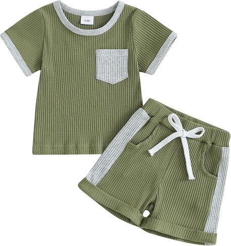 Toddler Baby Boys Summer Outfit Color Block Short Sleeve T-shirt Tops Elastic Waist Shorts Set Infant 2Pcs Clothes in Saudi Arabia