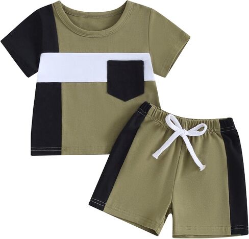Toddler Baby Boys Summer Outfit Color Block Short Sleeve T-shirt Tops Elastic Waist Shorts Set Infant 2Pcs Clothes in Saudi Arabia