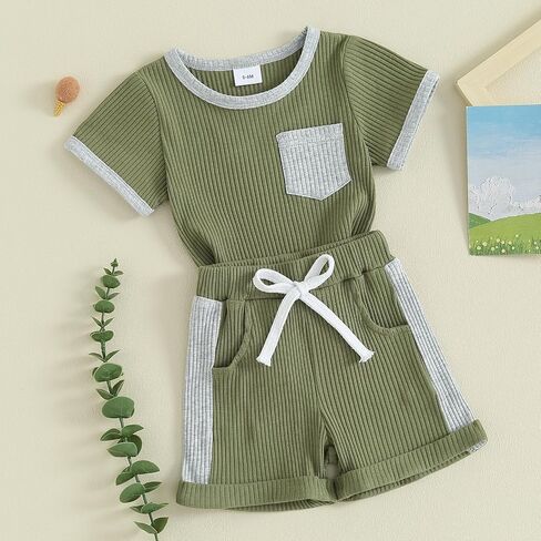 Toddler Baby Boys Summer Outfit Color Block Short Sleeve T-shirt Tops Elastic Waist Shorts Set Infant 2Pcs Clothes in Saudi Arabia