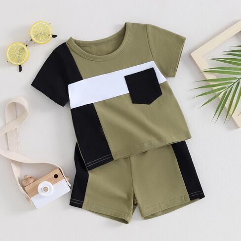 Toddler Baby Boys Summer Outfit Color Block Short Sleeve T-shirt Tops Elastic Waist Shorts Set Infant 2Pcs Clothes in Saudi Arabia