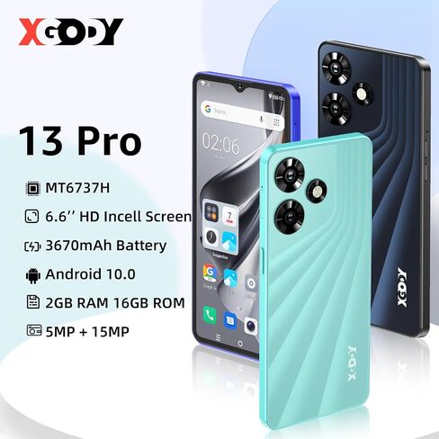 هاتف Xgody 13 Pro غير مقفل، شاشة 6.56 بوصة عالية الوضوح بتقنية الذكاء الاصطناعي للوجه، هاتف محمول يعمل بنظام Android 10، ثنائي الشريحة، ذاكرة وصول عشوائي 2 جيجابايت + مساحة تخزين 16 جيجابايت، قابلة للتوسيع حتى 256 جيجابايت، كاميرا مزدوجة 15 ميجابكسل + 5 م in Saudi Arabia