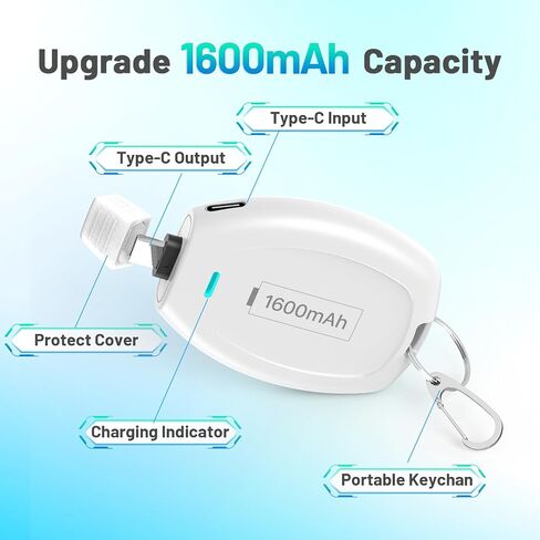 USB-C Keychain Portable Charger, 1600mAh Mini Power Bank Ultra-Compact Battery Pack Power Emergency pod for Android Type-C Samsung, Pixel, Moto etc-Blue in Saudi Arabia