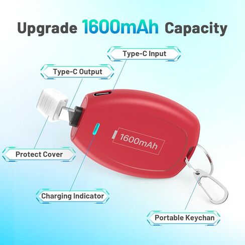 شاحن محمول بسلسلة مفاتيح USB-C، بنك طاقة صغير بقدرة 1600 مللي أمبير في الساعة، حزمة بطارية مدمجة للغاية، جراب طوارئ لأجهزة Android من النوع C وSamsung وPixel وMoto وما إلى ذلك - أبيض in Kuwait
