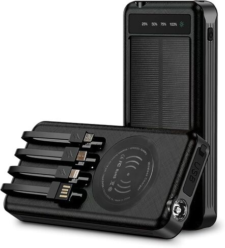 Outdoor Solar Portable Power Bank with Wireless Charging, Built-in Charging Cables, 10000mAh Battery, IP65 Waterproof, Dustproof, Digital Power Indicator, LED Flashlight, High Conversion Efficiency in Saudi Arabia