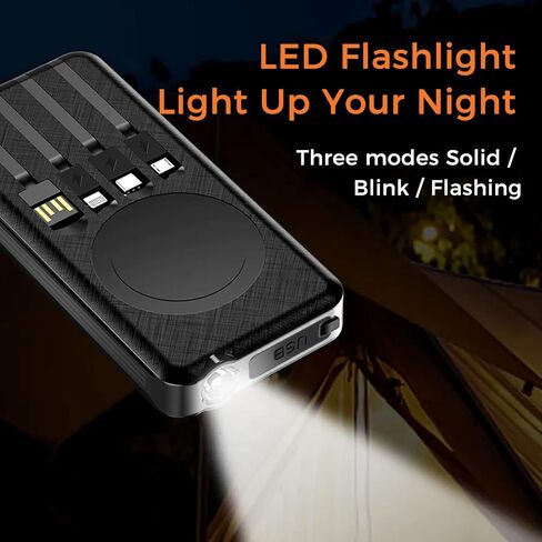 Outdoor Solar Portable Power Bank with Wireless Charging, Built-in Charging Cables, 10000mAh Battery, IP65 Waterproof, Dustproof, Digital Power Indicator, LED Flashlight, High Conversion Efficiency in Saudi Arabia