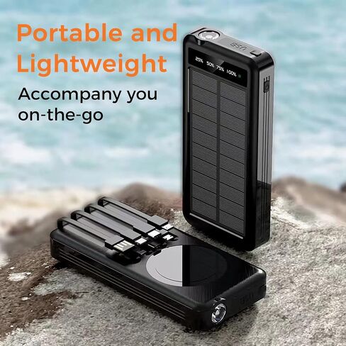 Outdoor Solar Portable Power Bank with Wireless Charging, Built-in Charging Cables, 10000mAh Battery, IP65 Waterproof, Dustproof, Digital Power Indicator, LED Flashlight, High Conversion Efficiency in Saudi Arabia