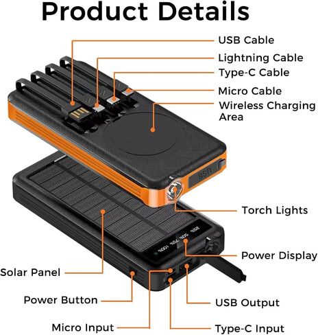 Outdoor Solar Portable Power Bank with Wireless Charging, Built-in Charging Cables, 10000mAh Battery, IP65 Waterproof, Dustproof, Digital Power Indicator, LED Flashlight, High Conversion Efficiency in Saudi Arabia