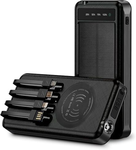 Outdoor Solar Portable Power Bank with Wireless Charging, Built-in Charging Cables, 10000mAh Battery, IP65 Waterproof, Dustproof, Digital Power Indicator, LED Flashlight, High Conversion Efficiency in Saudi Arabia