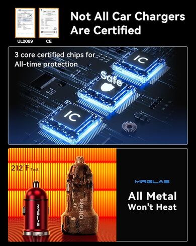 شاحن سيارة MRGLAS، 4.8 أمبير [تصميم حلقة سحب] شاحن USB ولاعة السجائر، [أصغر جميع المعادن] شاحن سيارة USB مزدوج المنفذ شاحن سيارة متوافق مع iPhone 14/13/12/11 Samsung Note 9/S10-Red in Kuwait