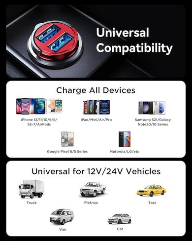 شاحن سيارة MRGLAS، 4.8 أمبير [تصميم حلقة سحب] شاحن USB ولاعة السجائر، [أصغر جميع المعادن] شاحن سيارة USB مزدوج المنفذ شاحن سيارة متوافق مع iPhone 14/13/12/11 Samsung Note 9/S10-Red in Kuwait