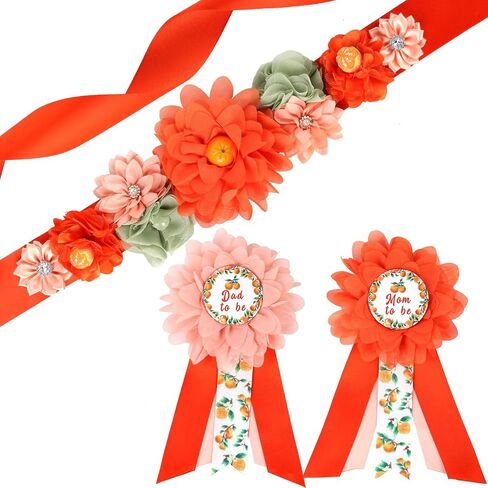JOYMEMO Little Cutie Baby Shower Maternity Sash Kit - Orange Fruit Baby Shower Belly Belt and Mom to Be & Dad to Be Corsage Pins, New Parents Pregnancy Photo Props Tangerine Theme Party Supplies in Saudi Arabia