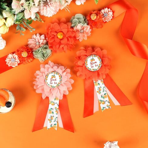 JOYMEMO Little Cutie Baby Shower Maternity Sash Kit - Orange Fruit Baby Shower Belly Belt and Mom to Be & Dad to Be Corsage Pins, New Parents Pregnancy Photo Props Tangerine Theme Party Supplies in Saudi Arabia