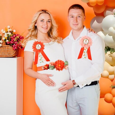 JOYMEMO Little Cutie Baby Shower Maternity Sash Kit - Orange Fruit Baby Shower Belly Belt and Mom to Be & Dad to Be Corsage Pins, New Parents Pregnancy Photo Props Tangerine Theme Party Supplies in Saudi Arabia