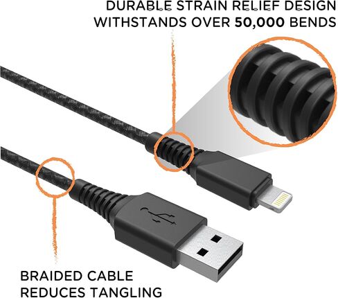 كابل EcoSurvivor USB-A إلى Lightning، بطول 4 أقدام، متين، سلك مضفر، خالٍ من التشابك، معتمد من Apple، متوافق مع أجهزة iPhone، iPad، Macbook، أسود/رمادي، 50% من العطاء الخيري، 37597 in Saudi Arabia