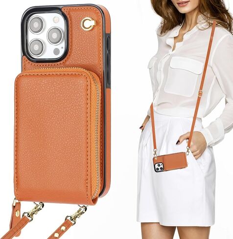KIHUWEY Crossbody Wallet Case for iPhone 15 Pro Max, Zipper Pocket Case with Card Holder, PU Leather RFID Blocking Protective Cover Case with Kickstand Detachable Wrist Strap Lanyard 6.7" (Brown) in Saudi Arabia