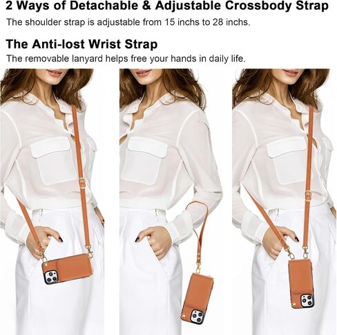 KIHUWEY Crossbody Wallet Case for iPhone 15 Pro Max, Zipper Pocket Case with Card Holder, PU Leather RFID Blocking Protective Cover Case with Kickstand Detachable Wrist Strap Lanyard 6.7" (Brown) in Saudi Arabia