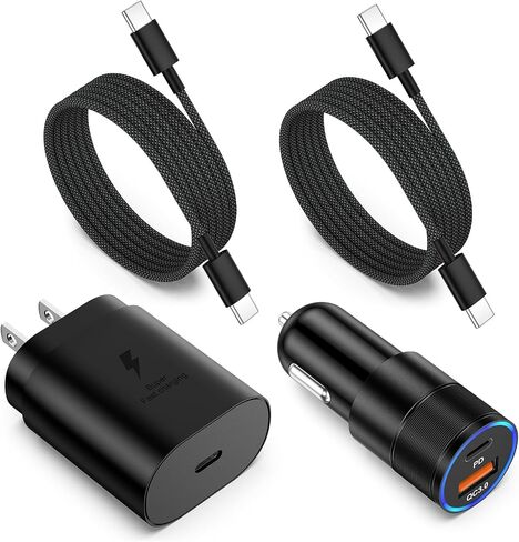 شاحن سيارة شحن سريع من النوع C، مجموعة أدوات شاحن فائقة السرعة Excgood 25 وات USB C محول شاحن حائط لجهاز Galaxy S24 Ultra S23 FE S22 S20 A54 A53 A15 Android، 2X كابل USB C مضفر إلى USB C بطول 6 أقدام in Kuwait