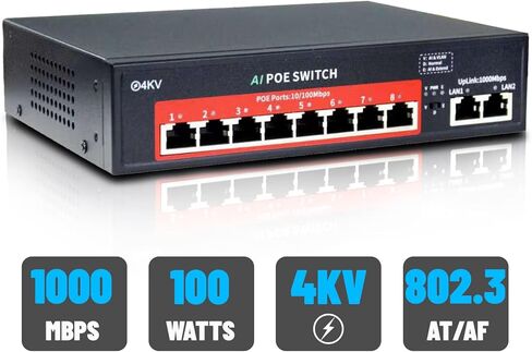 【1000 Mbps】WESECUU 8 Port PoE Switch (8 PoE Ports + 2 Ethernet Uplink Ports), 802.3 af/at, Plug & Play, 120W, AI Watchdog, Extend to 250m &1000/100/10 Mbps with Sturdy Metal Case for Wide Application in Kuwait