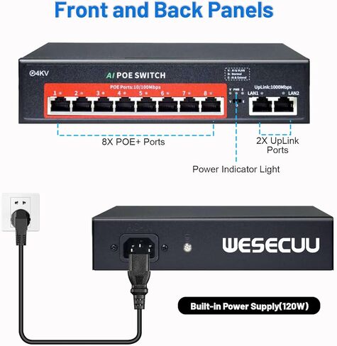 【1000 Mbps】WESECUU 8 Port PoE Switch (8 PoE Ports + 2 Ethernet Uplink Ports), 802.3 af/at, Plug & Play, 120W, AI Watchdog, Extend to 250m &1000/100/10 Mbps with Sturdy Metal Case for Wide Application in Kuwait