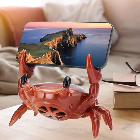حامل هاتف مع مكبر صوت بلوتوث، حامل هاتف محمول 2 في 1 على شكل سرطان البحر + مكبر صوت بلوتوث، حامل مكبر صوت محيطي متعدد الوظائف 360 درجة للمنزل، الديكور (أحمر) in Kuwait