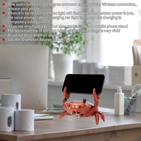 حامل هاتف مع مكبر صوت بلوتوث، حامل هاتف محمول 2 في 1 على شكل سرطان البحر + مكبر صوت بلوتوث، حامل مكبر صوت محيطي متعدد الوظائف 360 درجة للمنزل، الديكور (أحمر) in Kuwait