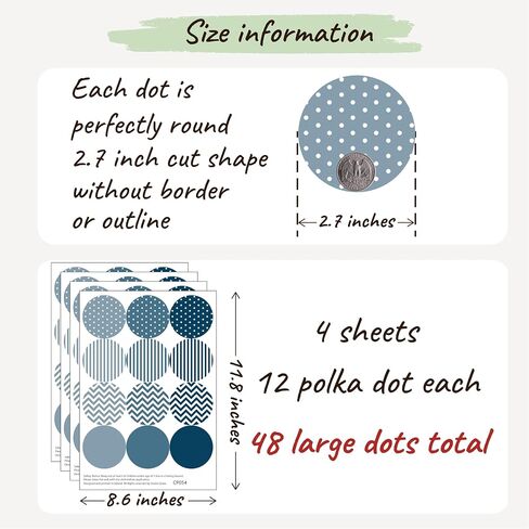 Boho Polka Dot Wall Sticker, 48 Removable and Repositionable Pattern Decals - Premium Fabric Material, Polka Dots, Stripes, Chevrons and Solid in 3 Shades of a Color (Blue), CP054 in Saudi Arabia