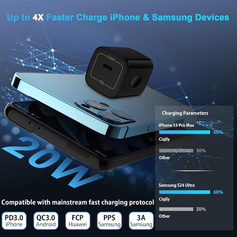 سامسونج نوع C سوبر سريع الروبوت الهاتف الجدار شاحن كتلة 20W USB C شحن سريع الطوب شاحن محول لسامسونج غالاكسي A15 / A35 / A54 5G / A55 / A14 / S24 الترا / S23 / S22 / S21 / S20 / S10 / بكسل 8a / 8 / 7 / ايفون 15 in Kuwait