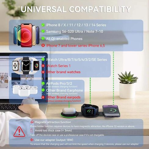 DREU 3 in 1 Wireless Charging Station, Foldable Charging Pad, Compatible with MagSafe for Multiple Devices for iPhone 15/14/13/12/11/XS/Pro Max/X/XR/8, Apple Watch 2-8,Airpods Pro/2/3,Samsung-WT in Saudi Arabia