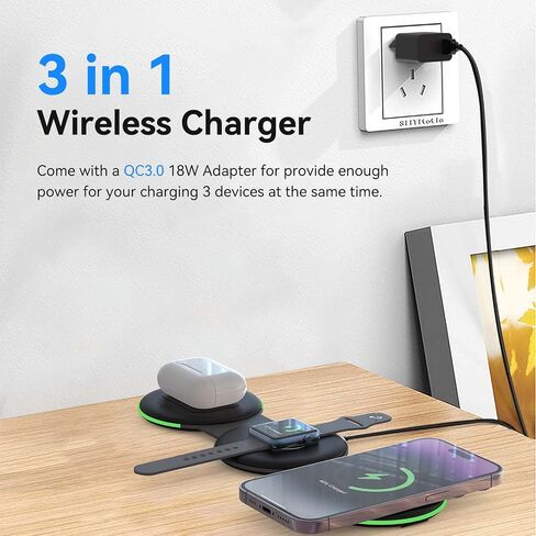 DREU 3 in 1 Wireless Charging Station, Foldable Charging Pad, Compatible with MagSafe for Multiple Devices for iPhone 15/14/13/12/11/XS/Pro Max/X/XR/8, Apple Watch 2-8,Airpods Pro/2/3,Samsung-WT in Saudi Arabia