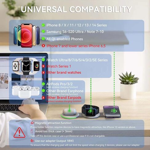 DREU 3 in 1 Wireless Charging Station, Foldable Charging Pad, Compatible with MagSafe for Multiple Devices for iPhone 15/14/13/12/11/XS/Pro Max/X/XR/8, Apple Watch 2-8,Airpods Pro/2/3,Samsung-WT in Saudi Arabia