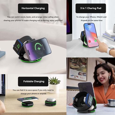 DREU 3 in 1 Wireless Charging Station, Foldable Charging Pad, Compatible with MagSafe for Multiple Devices for iPhone 15/14/13/12/11/XS/Pro Max/X/XR/8, Apple Watch 2-8,Airpods Pro/2/3,Samsung-WT in Saudi Arabia